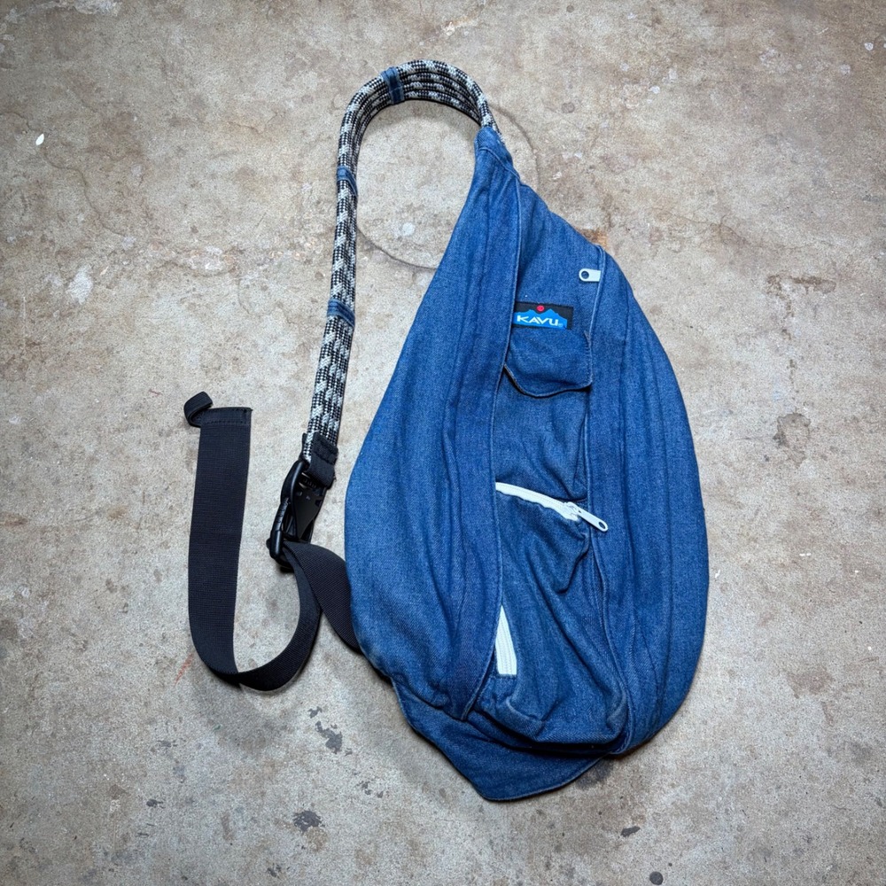 KAVU Rope Bag Denim Blue Cotton Sling Crossbody Backpack Adjustable Strap
